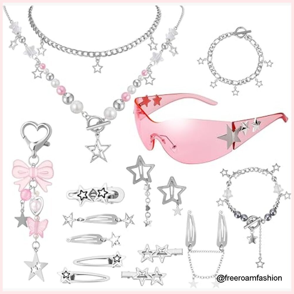 Y2K Jewelry Set Star Necklace Bracelets Sunglasses Hair Clip Keychain